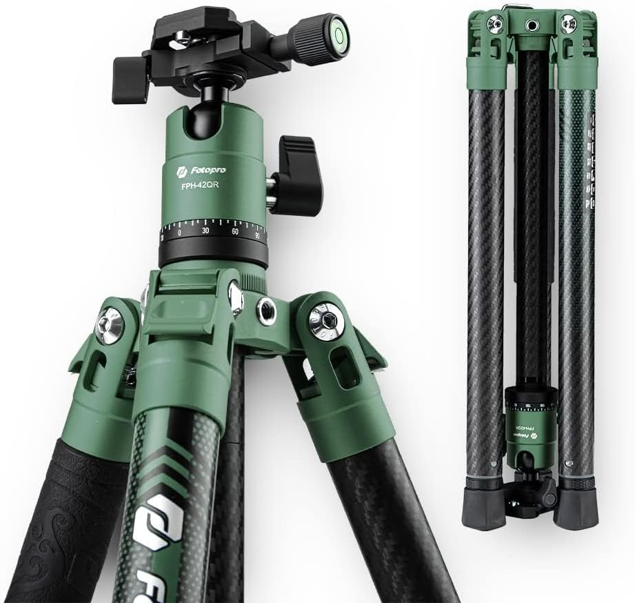 Fotopro 62 Inch Carbon Fiber Tripod for Camera Ultralight Travel Camera Tripod Max Loads Up 22lbs X-Aircross 3 Green