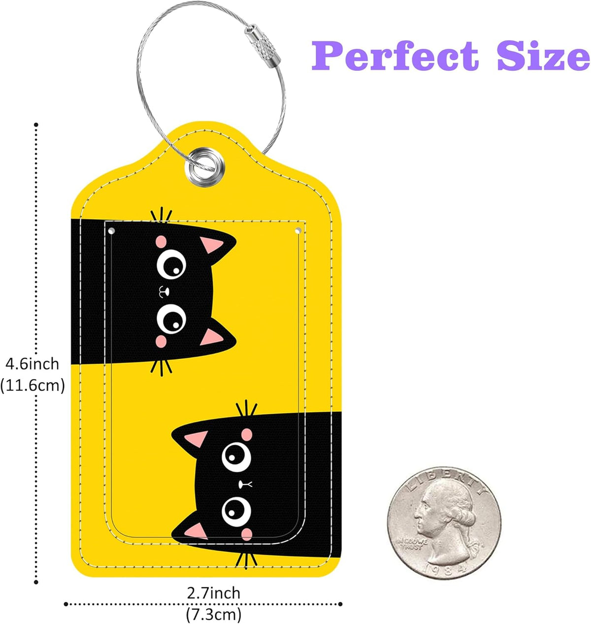 Set of 2 Luggage Tags Two Black Kitten Face Head Leather Suitcases Tag with Privacy Cover Stainless Steel Loop and Address Card for Women Men Travel