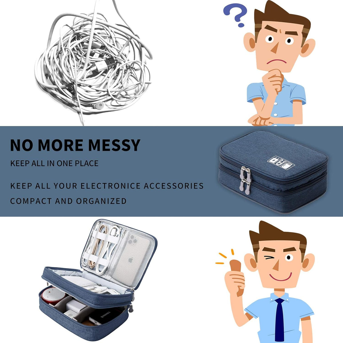 MIRLEWAIY Travel Cord Cable Organizer, Portable Electronics Accessories Carrying Bag Storage Case for Dad's Day Hard Drives, Cable, Cord, Charger, Hard Drive, Earphone, Dark Blue