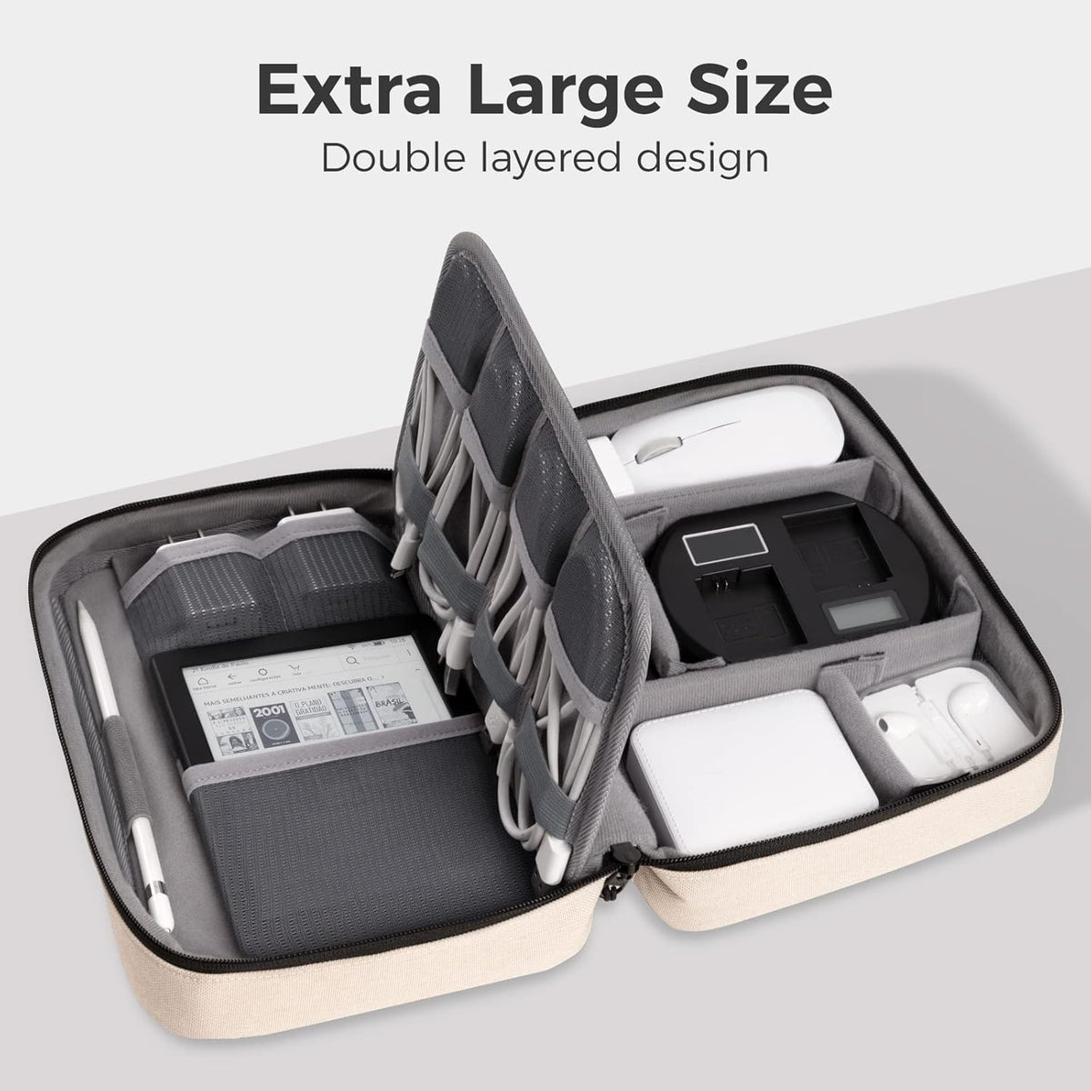 pack all Electronic Organizer Plus, Larger Capcity Cable Organizer Bag, Shockproof Carrying Case, Portable Cord Travel Organizer Storage Bag for Cables, Chargers, Phones, USB, SD Cards(Beige)