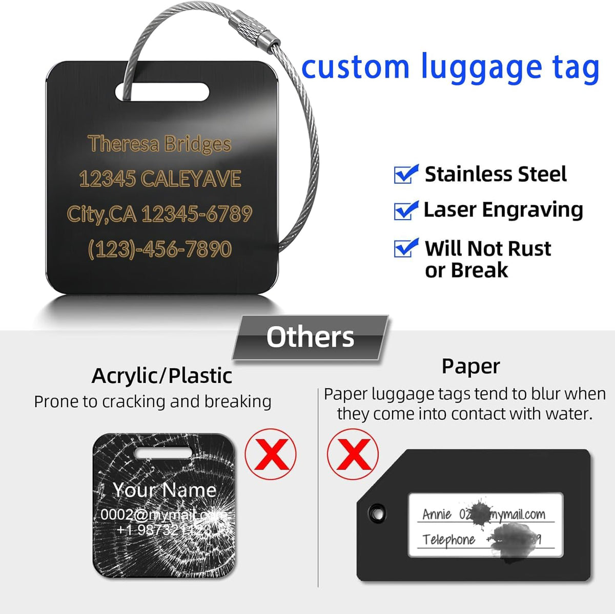 (5Pack Made in USA) Custom Personalized Luggage Tags-Customized Unique tag for Suitcase Backpack Travel,Bags (Golden (2 × 2))