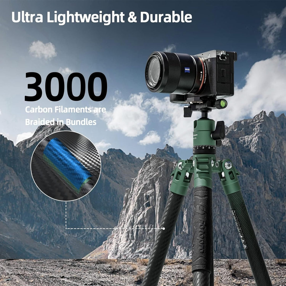 Fotopro 62 Inch Carbon Fiber Tripod for Camera Ultralight Travel Camera Tripod Max Loads Up 22lbs X-Aircross 3 Green
