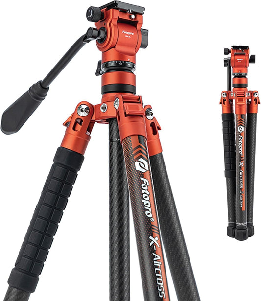 Fotopro 62 Inch Carbon Fiber Tripod 2.3lbs Ultralight Portable Travel Video Tripod for Camera DSLR Lightweight Load up to 22lbs X-Aircross 3 Video Orange