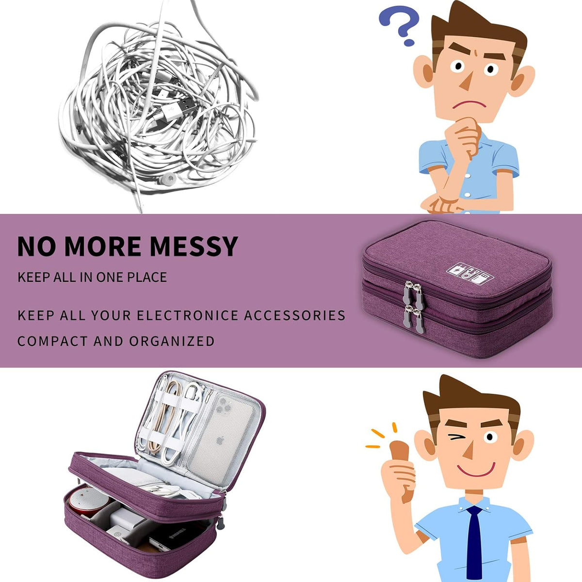 MIRLEWAIY Travel Electronics Organizer Soft Case Small Electronic Accessories Carrying Bag Double-Layer for Cords Phone Chargers Cables Earbuds Adapter Mouse, Purple