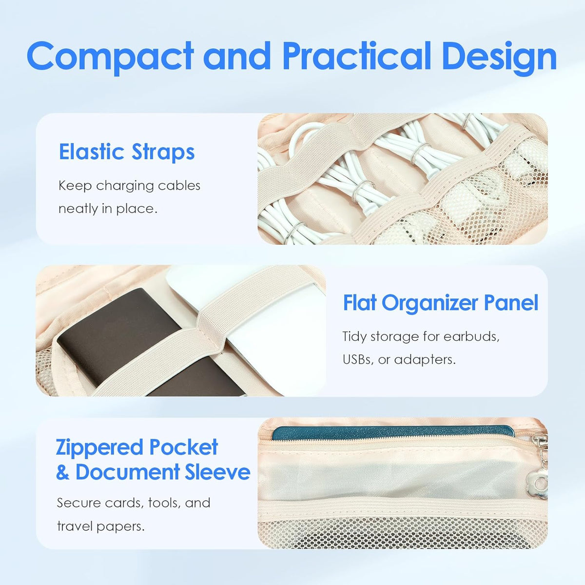 LENTION Cable Organizer Bag, Electronics Accessories Organizer, Waterproof Cable Bag for Power Bank, Chargers, USB Cables, SD Cards, Earphones (apricot)