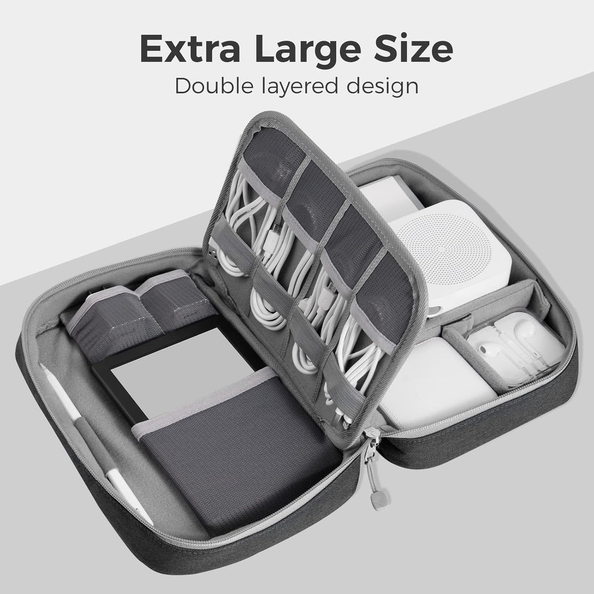 pack all Electronic Organizer Plus, Larger Capcity Cable Organizer Bag, Shockproof Carrying Case, Portable Cord Travel Organizer Storage Bag for Cables, Chargers, Phones, USB, SD Cards(Black)