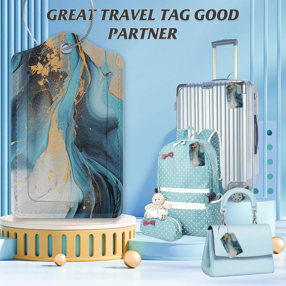 3 Pack Luggage Tag for Suitcase,Marble Gold Blue Leather Luggage Tags with Privacy Cover Name ID Label Identifiers Travel Bag Tags for Women Men Boys Girls