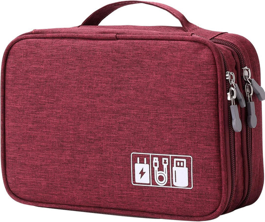 Travel Cable Organizer Bag, Electronic Accessories Case Portable Double Layer Cable Storage Bag for Cord,phone,Charger, Flash Drive, Phone, SD Card,Personal Items - (Red)