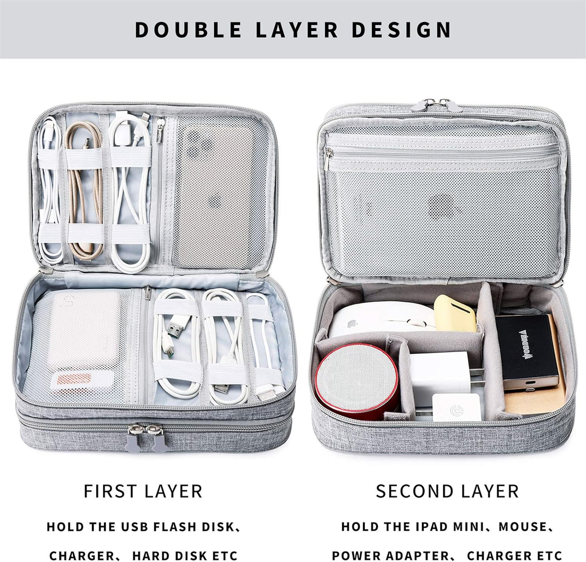 MIRLEWAIY Portable Electronics Accessories Organizer Bag Travel Charger Cable Storage Soft Case Double Layer for Hard Drives, Cord, USB, SD Cards Carrying, Grey