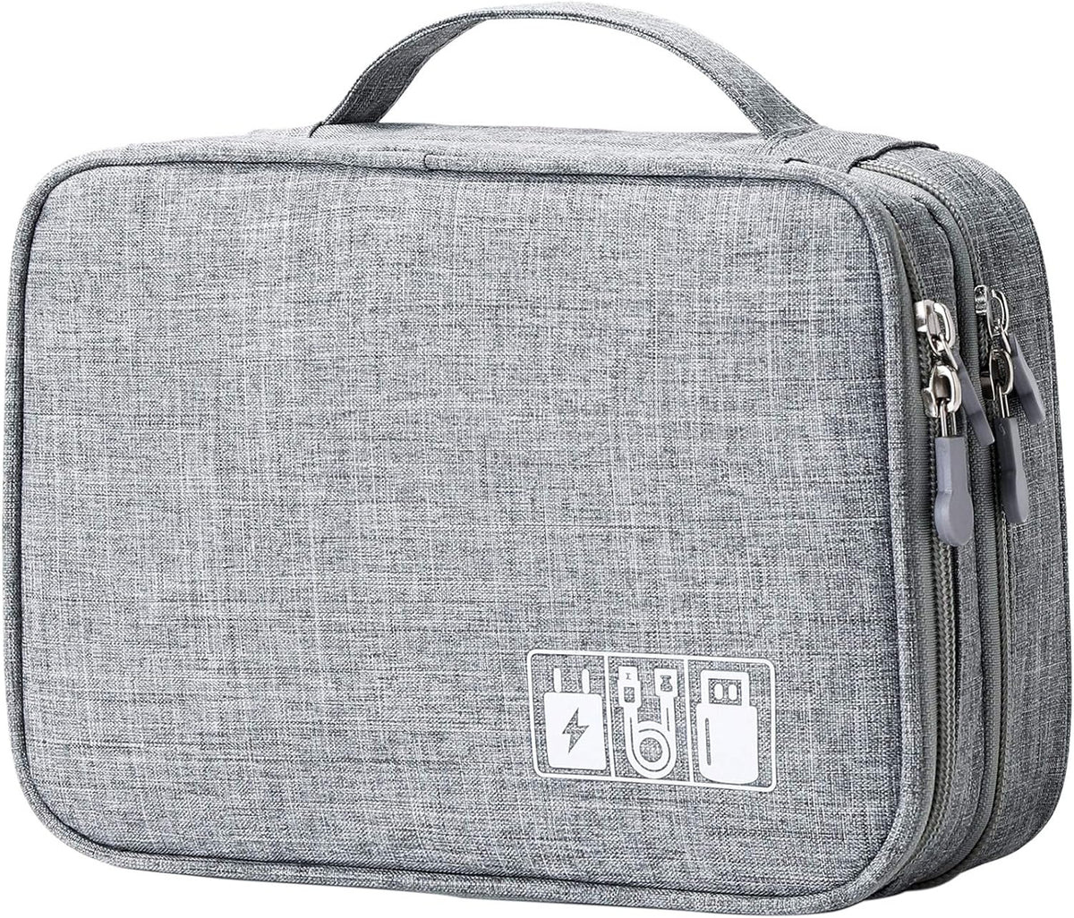 MIRLEWAIY Portable Electronics Accessories Organizer Bag Travel Charger Cable Storage Soft Case Double Layer for Hard Drives, Cord, USB, SD Cards Carrying, Grey