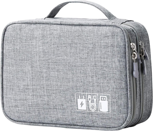 MIRLEWAIY Portable Electronics Accessories Organizer Bag Travel Charger Cable Storage Soft Case Double Layer for Hard Drives, Cord, USB, SD Cards Carrying, Grey