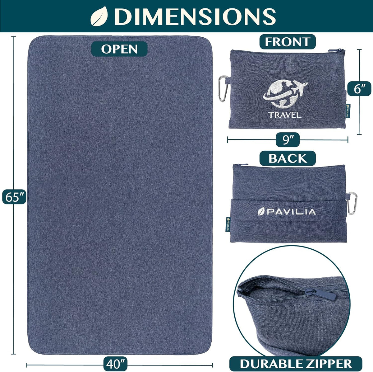 PAVILIA Travel Blanket Compact, Airplane Packable Bag, Soft Fleece Portable Throw Pillow Combo Set, Plane Flight Car Trips Essentials Gift Accessories, Luggage Backpack Clip, Navy Blue, 65 x 40 inch